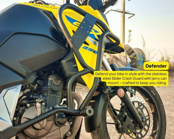 Suzuki V-Strom Defender Crash Guard with Frame Slider & Jerry Can Mount – Heavy Duty Protection | VC MotoDesign