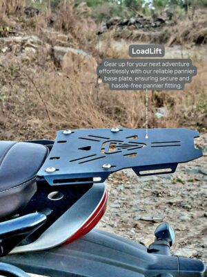 “VC MotoDesign stainless steel Loadlift Luggage Carrier Rack mounted on Triumph Speed 400 – showcasing precision laser-cut detailing, aerodynamic styling, and rust-resistant finish for enhanced utility and rider aesthetics.”