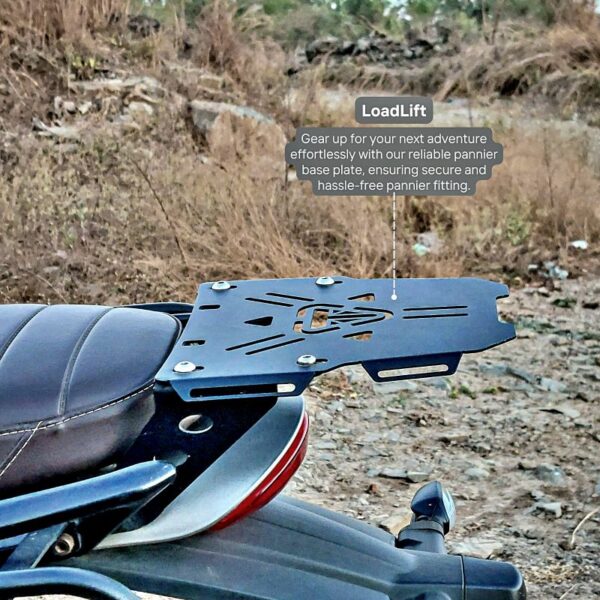 “VC MotoDesign stainless steel Loadlift Luggage Carrier Rack mounted on Triumph Speed 400 – showcasing precision laser-cut detailing, aerodynamic styling, and rust-resistant finish for enhanced utility and rider aesthetics.”