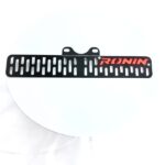 "VC MotoDesign Stainless Steel Radiator Cover with custom RONIN badging and black textured powder coating for TVS Ronin motorcycle"