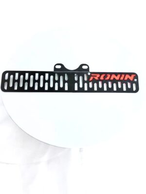 "VC MotoDesign Stainless Steel Radiator Cover with custom RONIN badging and black textured powder coating for TVS Ronin motorcycle"